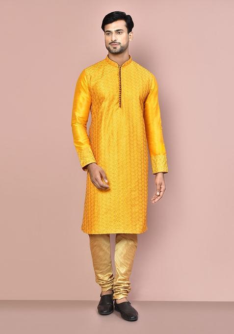 Mustard Silk Kurta Set For Men