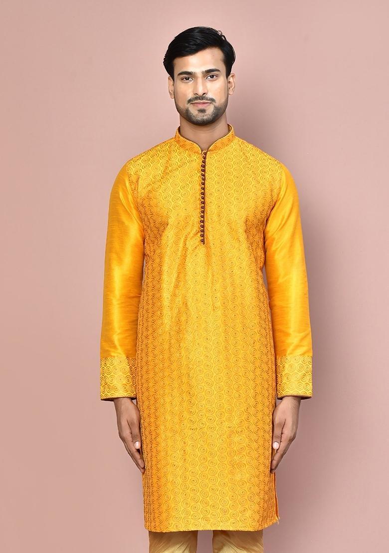 Mustard Silk Kurta For Men - Indya