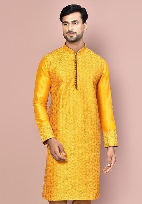 Mustard Silk Kurta For Men