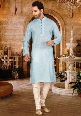 Sky Blue Cotton Kurta Set For Men