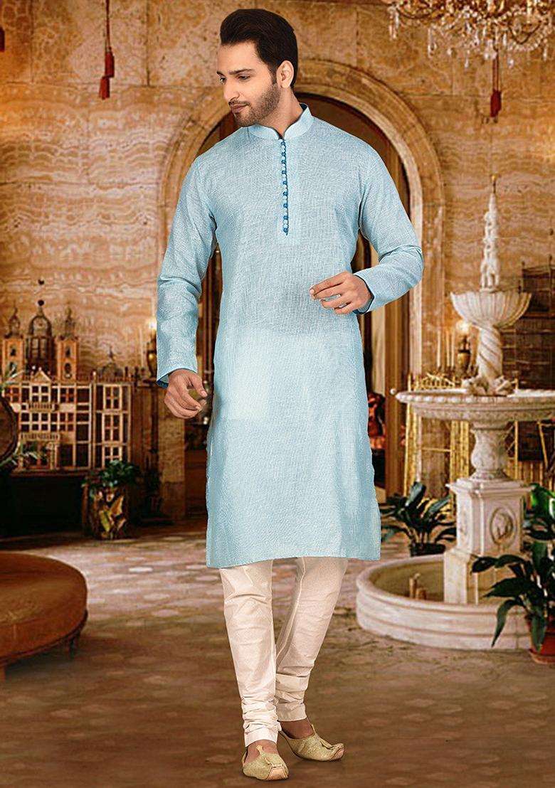Sky Blue Cotton Kurta Set For Men - Indya