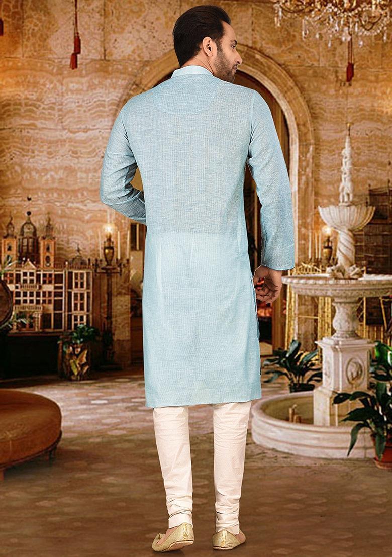 Sky Blue Cotton Kurta Set For Men - Indya