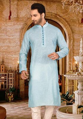 Sky Blue Cotton Kurta For Men