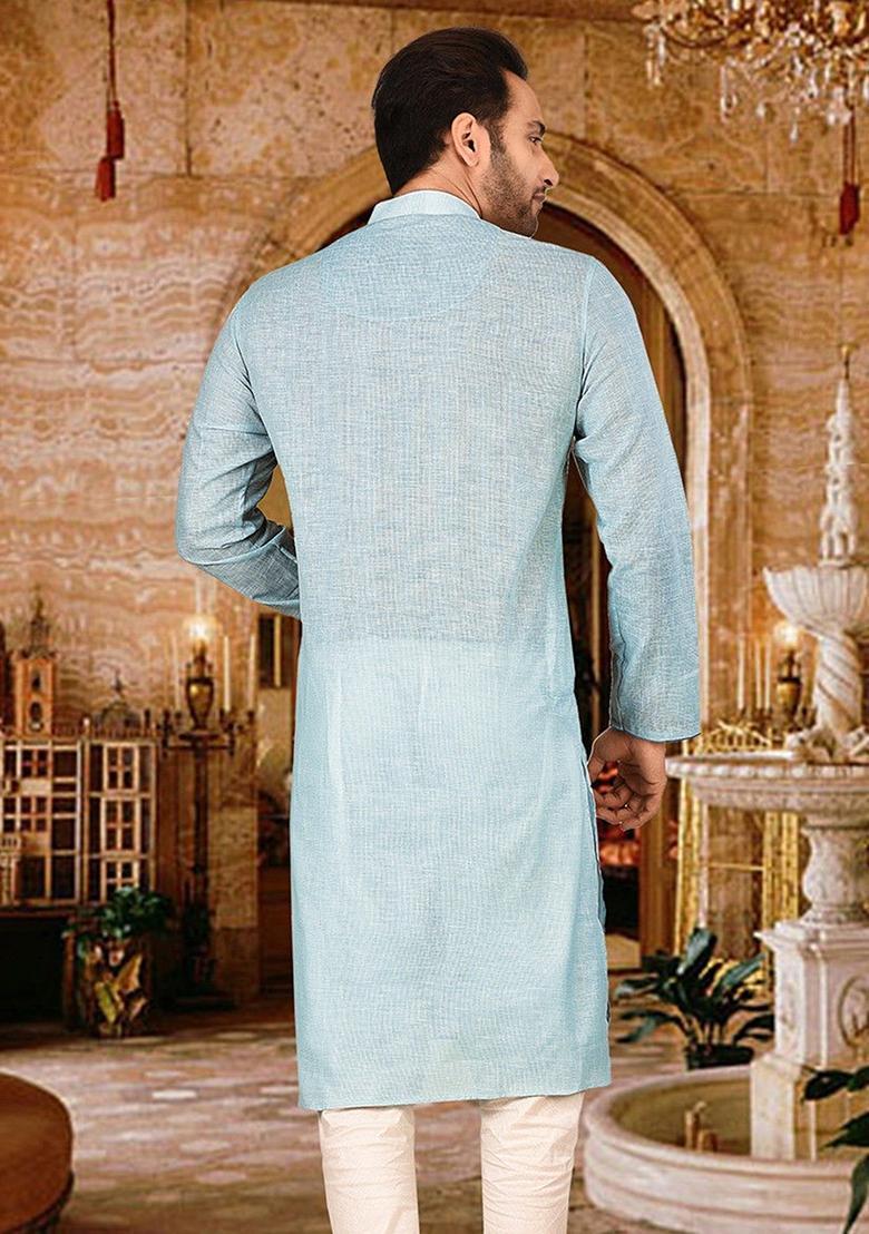 Sky Blue Cotton Kurta For Men - Indya