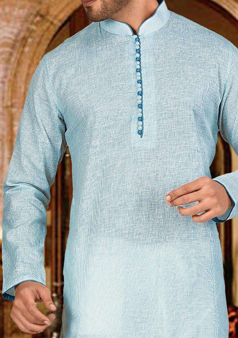 Sky Blue Cotton Kurta For Men - Indya