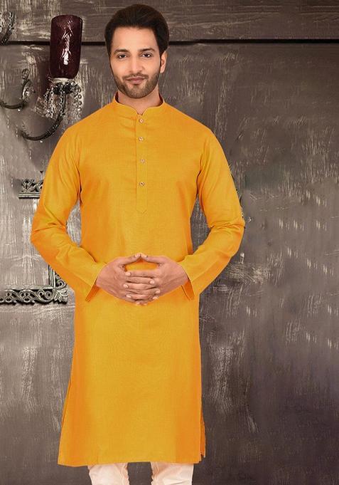 Yellow Cotton Kurta For Men