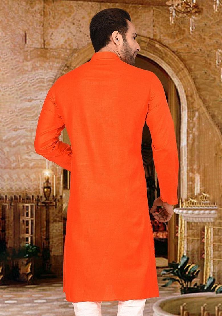 Dark Orange Cotton Kurta For Men - Indya