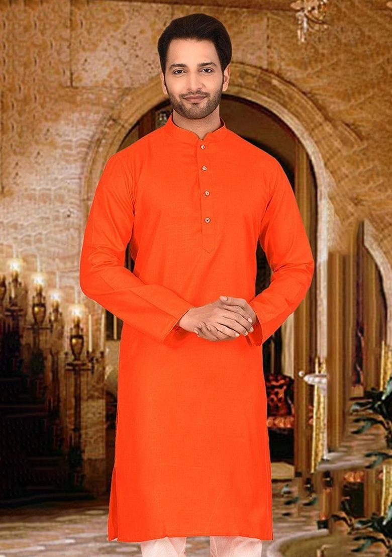 Dark Orange Cotton Kurta For Men - Indya