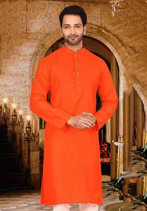 Dark Orange Cotton Kurta For Men
