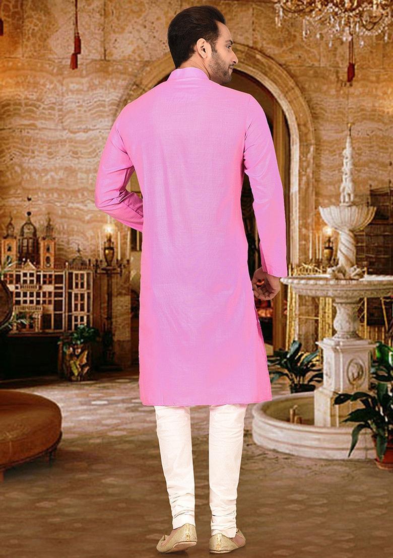 Pink Cotton Kurta Set For Men - Indya