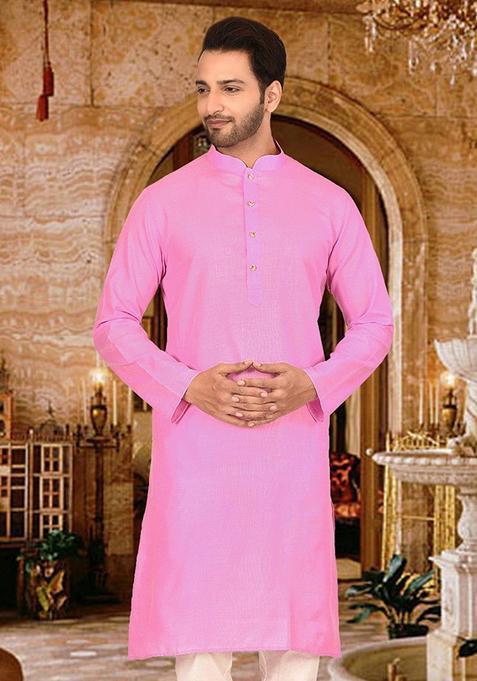 Pink Cotton Kurta Set For Men