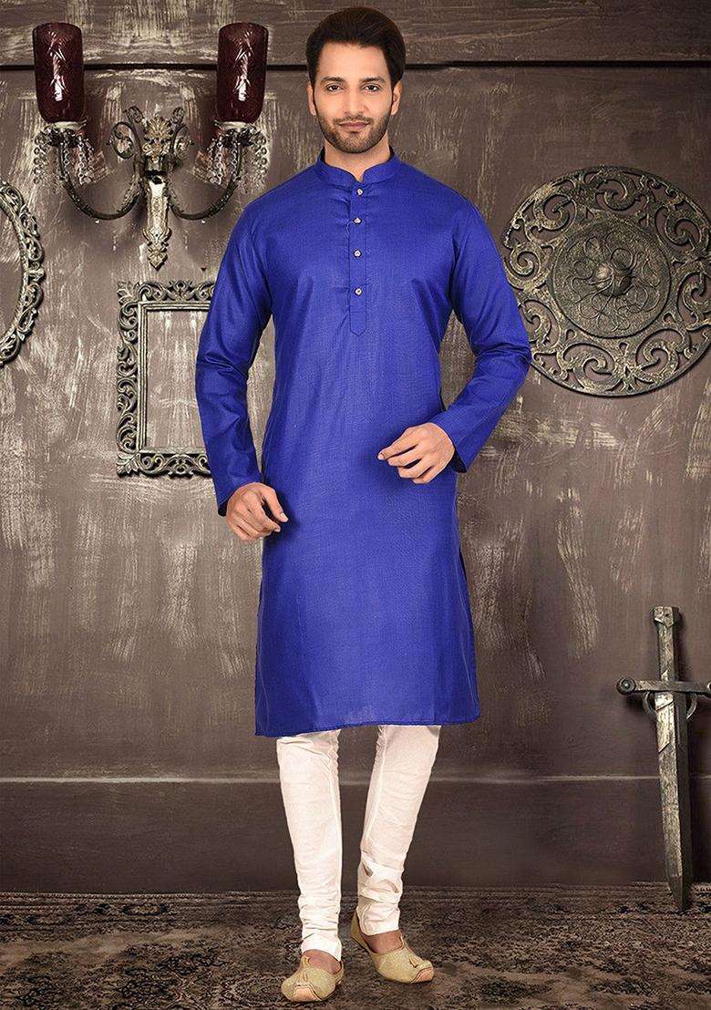 Royal Blue Cotton Kurta Set For Men - Indya