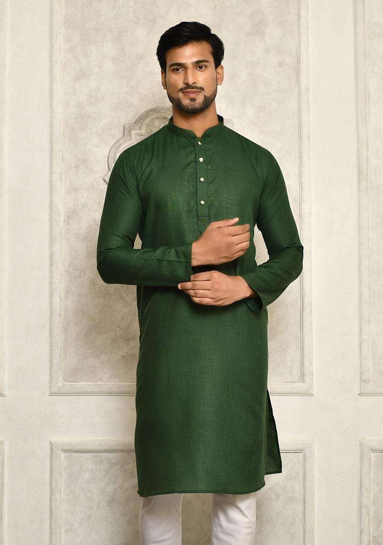 Bottle Green Cotton Kurta For Men - Indya