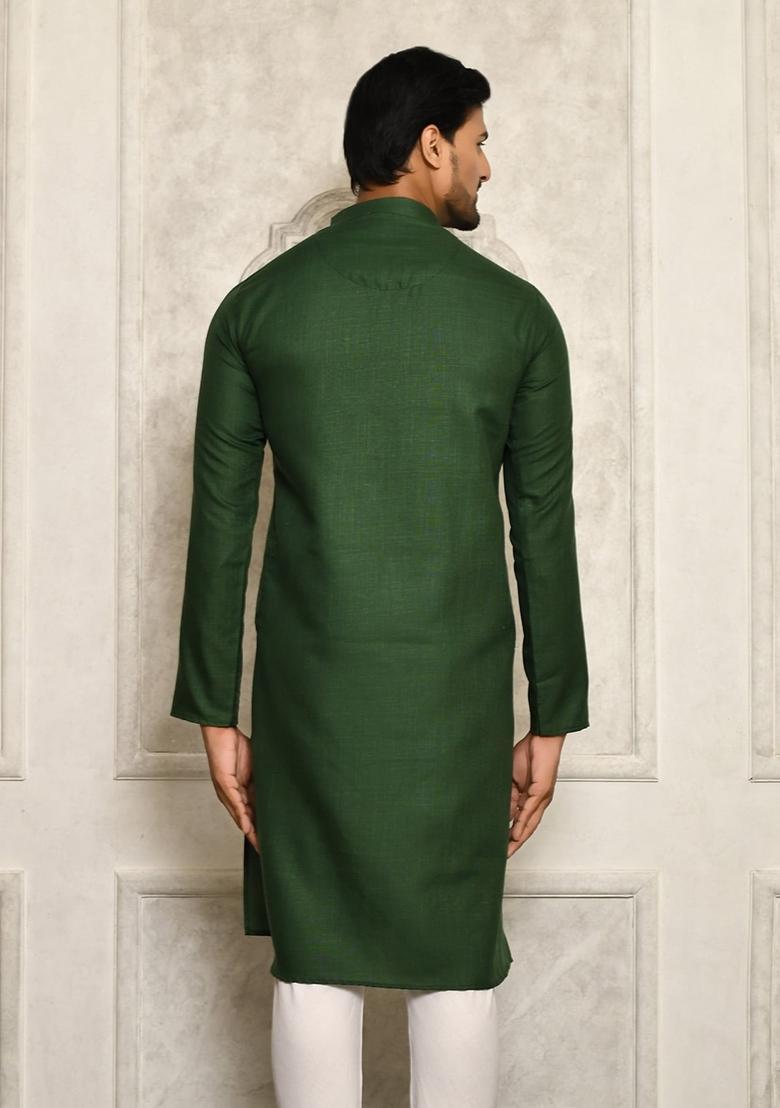 Bottle Green Cotton Kurta For Men - Indya