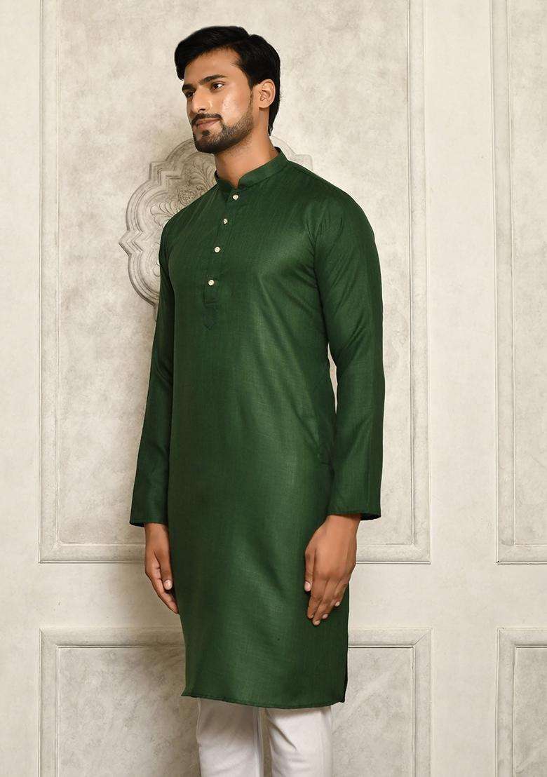 Bottle Green Cotton Kurta For Men - Indya