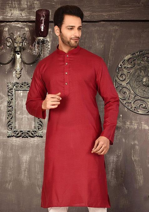 Red Cotton Kurta Set For Men