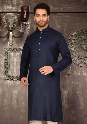 Navy Blue Cotton Kurta Set For Men
