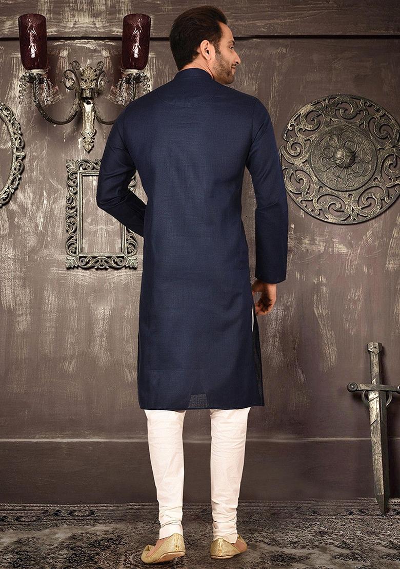Navy Blue Cotton Kurta Set For Men - Indya