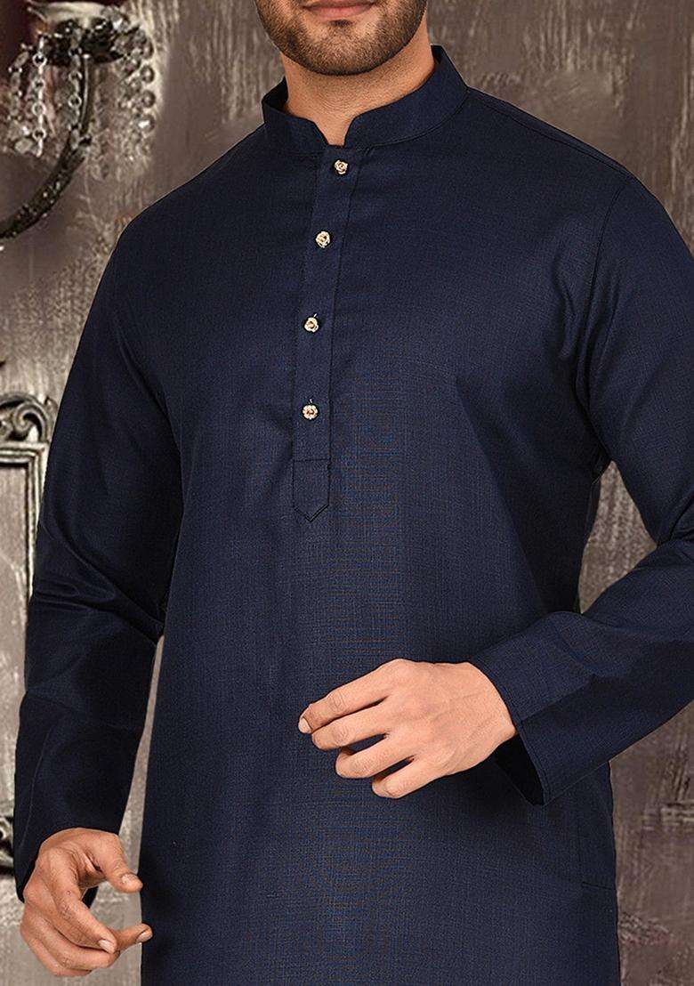 Navy Blue Cotton Kurta Set For Men - Indya