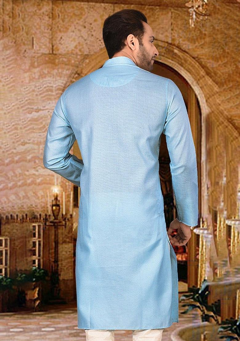 Sky Blue Cotton Kurta For Men - Indya