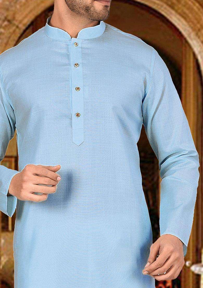 Sky Blue Cotton Kurta For Men - Indya