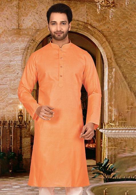 Orange Cotton Kurta For Men