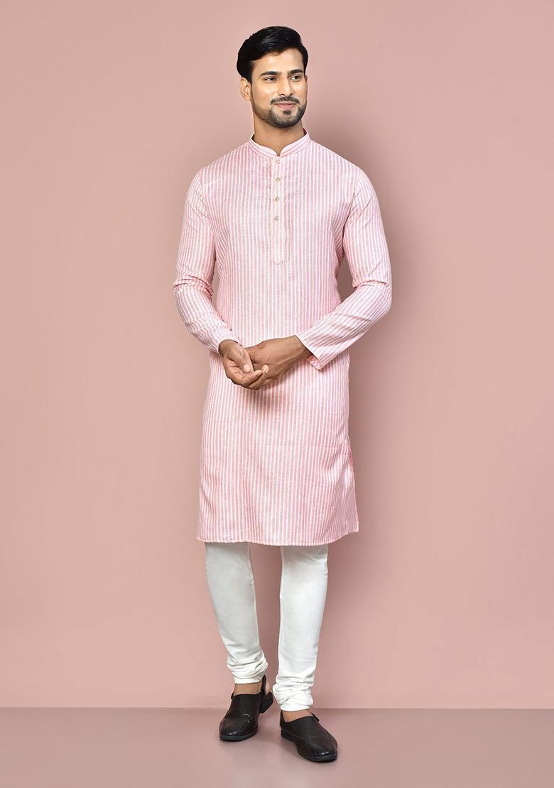 Pink Cotton Kurta Set For Men - Indya