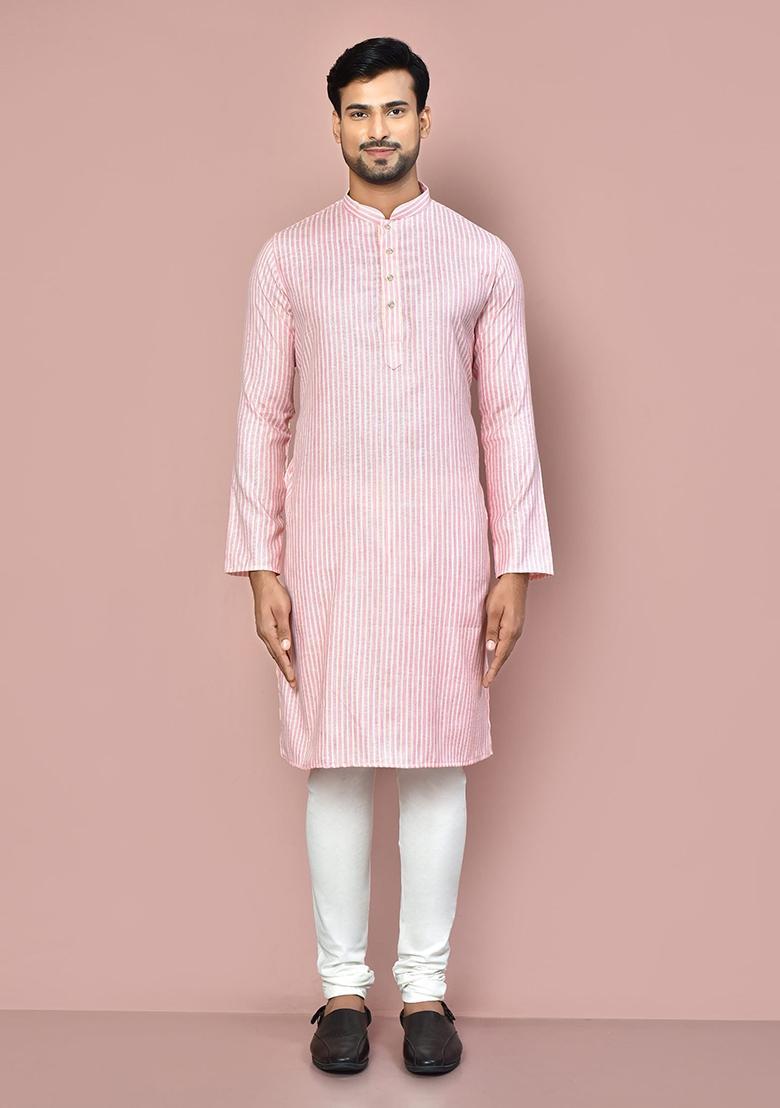 Pink Cotton Kurta Set For Men - Indya