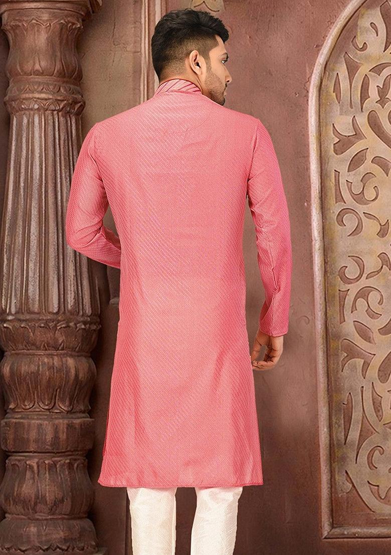 Peach Silk Kurta Set For Men - Indya