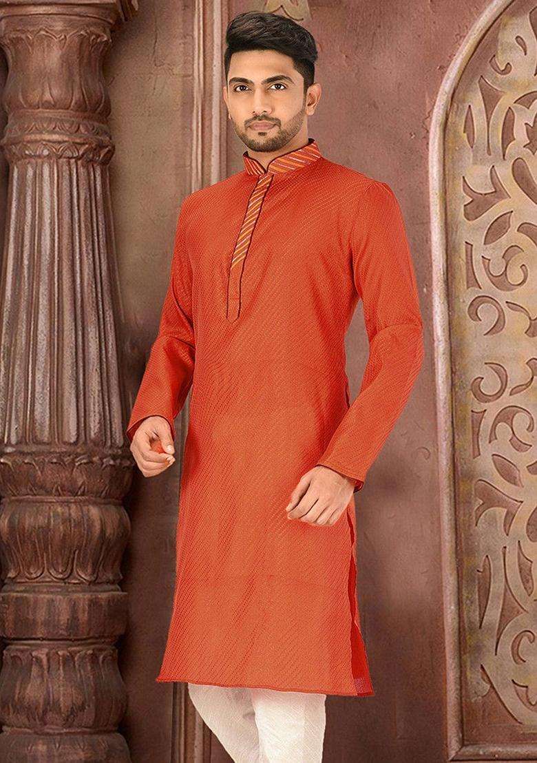 Orange Silk Kurta Set For Men - Indya