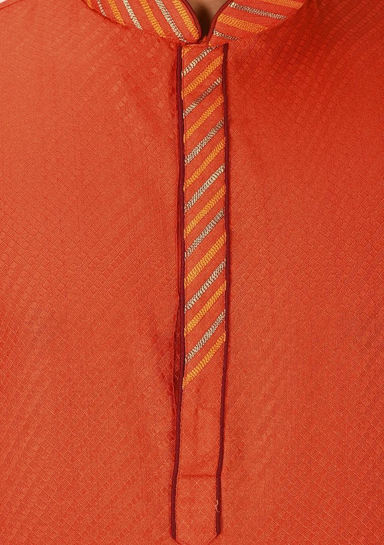 Orange Silk Kurta Set For Men - Indya