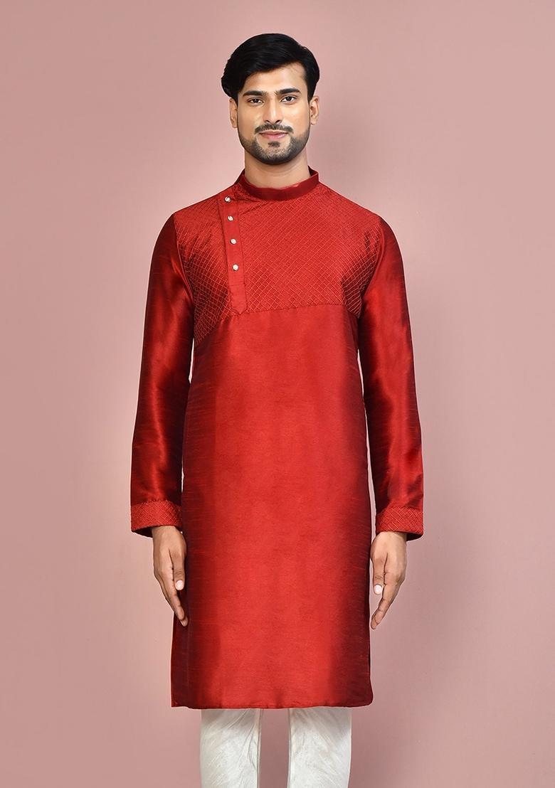 Red Silk Kurta For Men - Indya