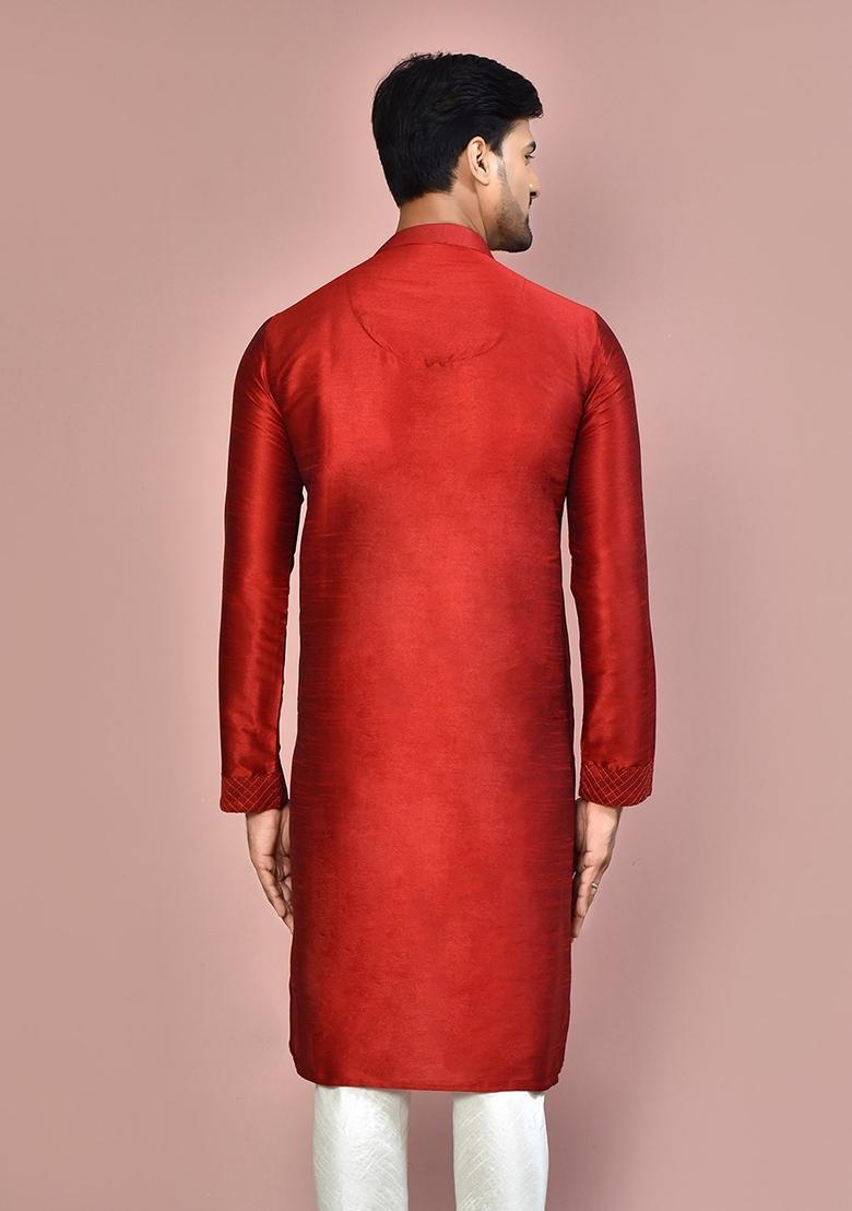 Red Silk Kurta For Men - Indya
