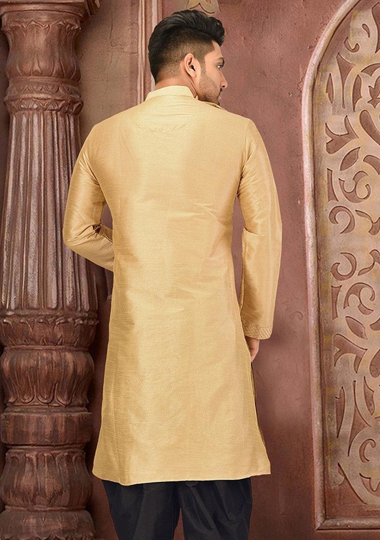 Light Golden Silk Kurta For Men - Indya