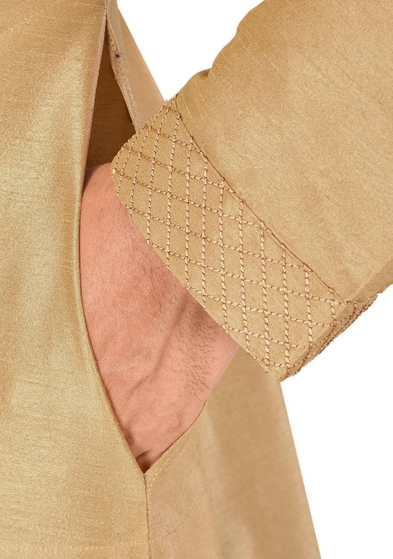 Light Golden Silk Kurta For Men - Indya