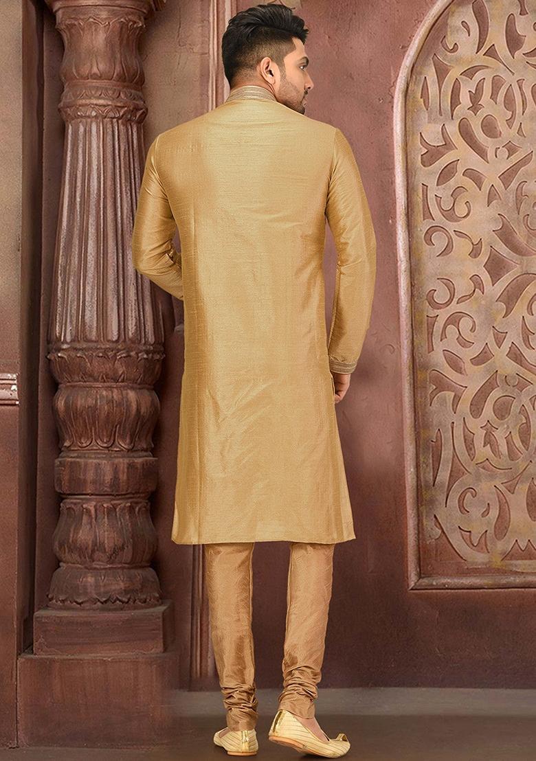 Dark Beige Silk Kurta Set For Men - Indya