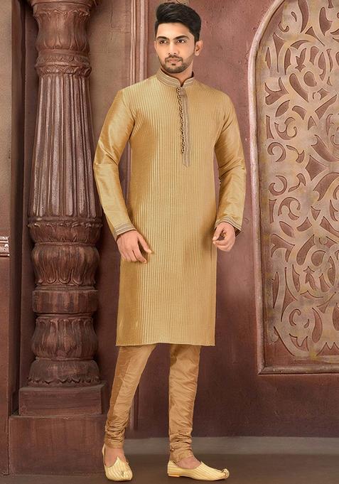 Dark Beige Silk Kurta Set For Men