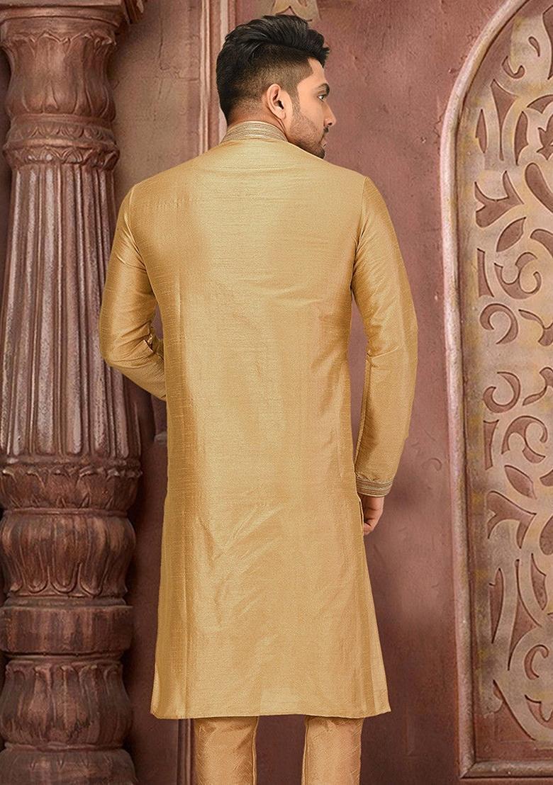 Dark Beige Silk Kurta For Men - Indya