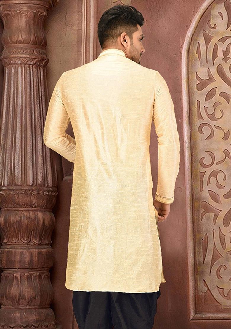 Light Beige Silk Kurta For Men - Indya