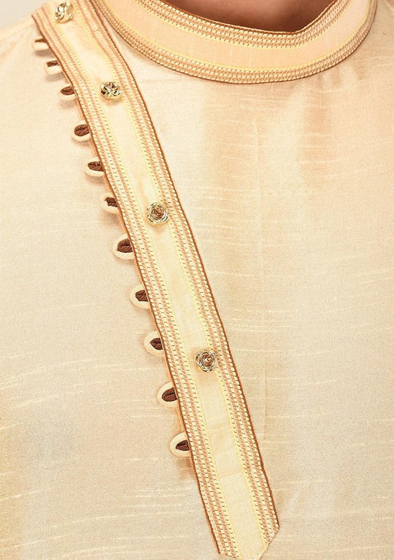 Light Beige Silk Kurta For Men - Indya