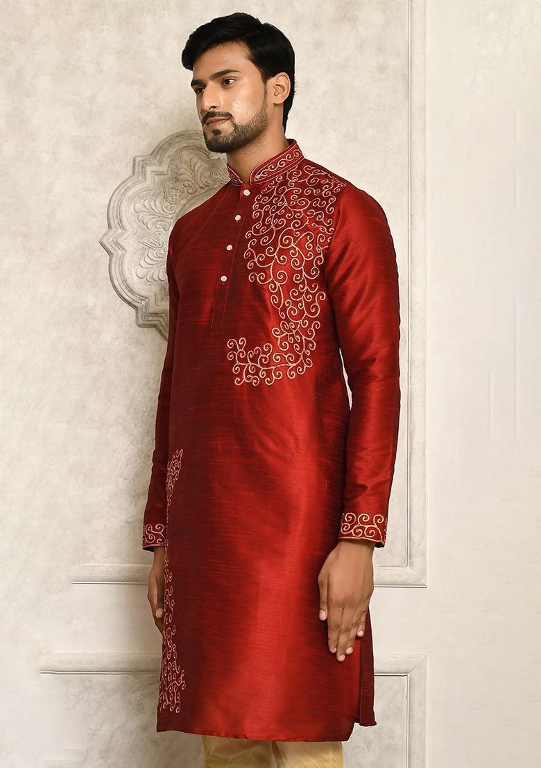 Red Silk Kurta For Men - Indya
