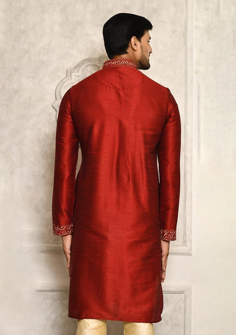 Red Silk Kurta For Men - Indya