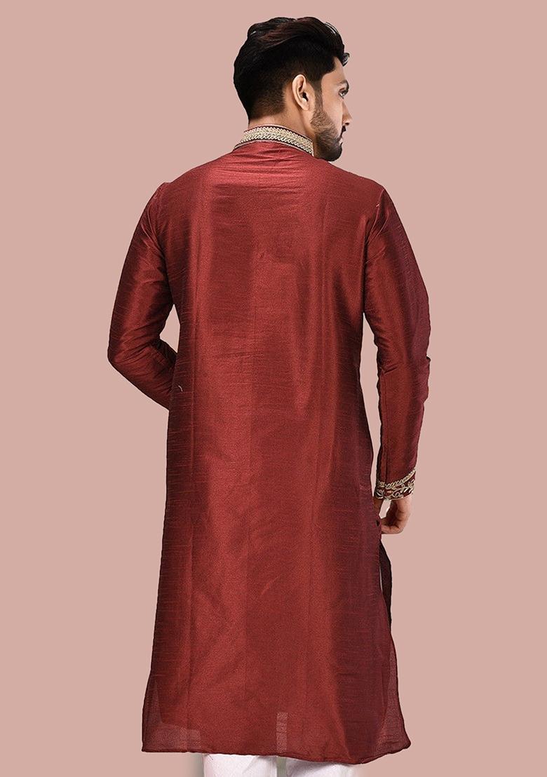 Red Silk Kurta For Men - Indya
