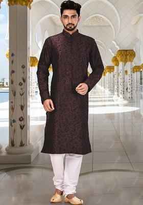 Wine Silk Kurta Set For Men