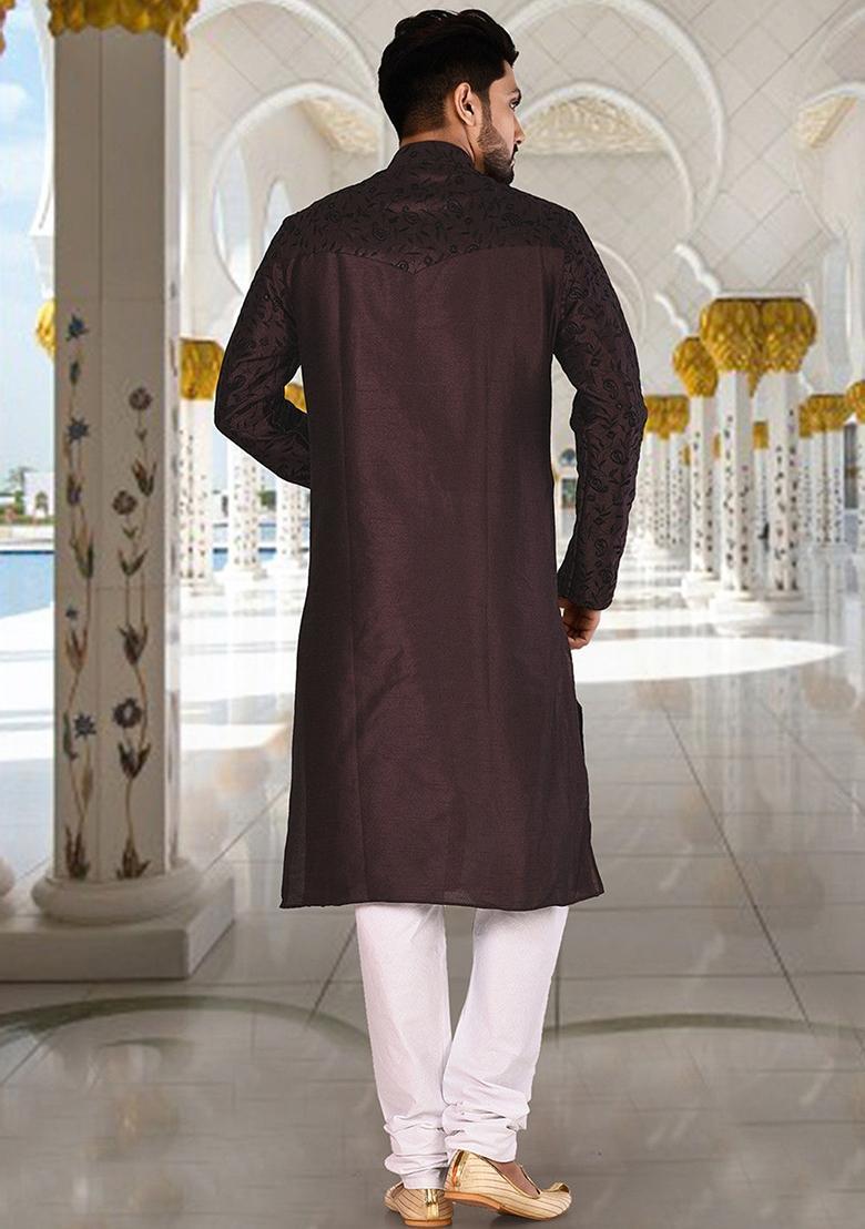 Wine Silk Kurta Set For Men - Indya