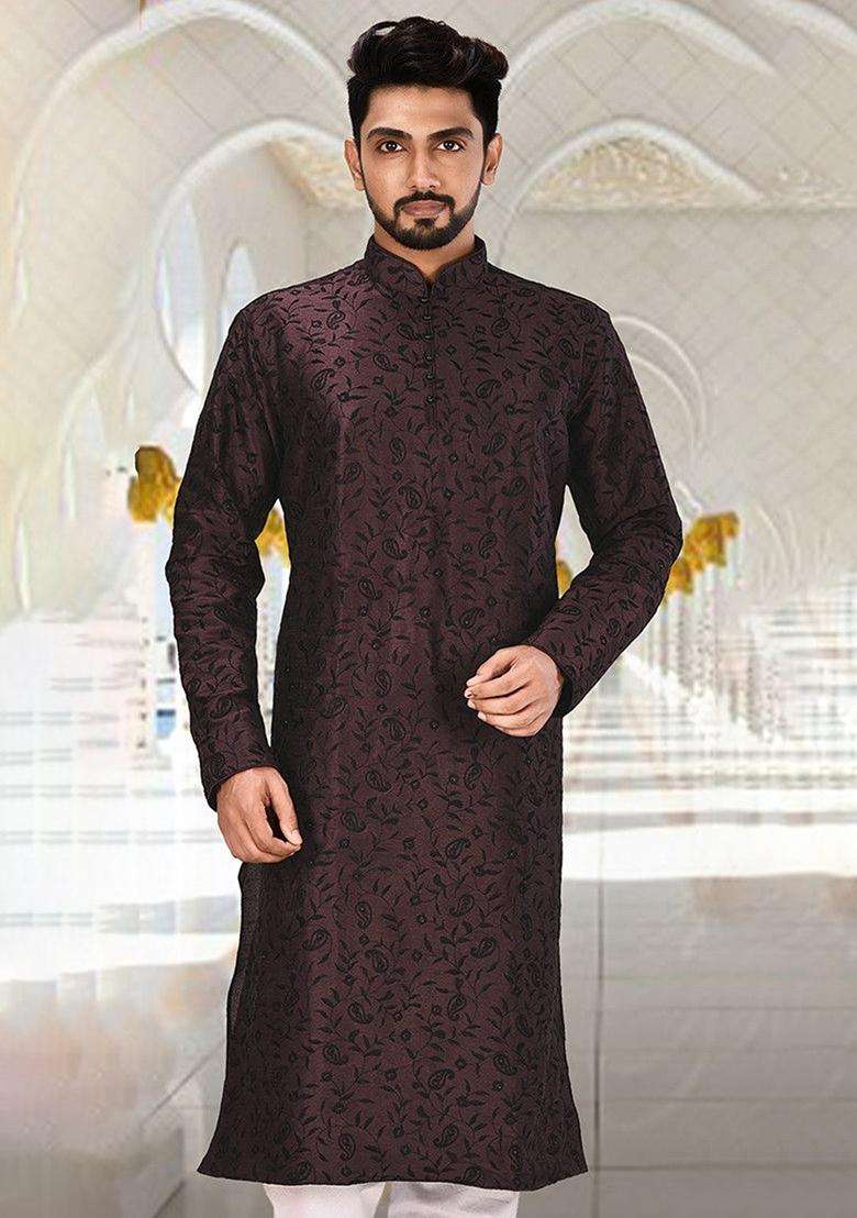 Wine Silk Kurta For Men - Indya