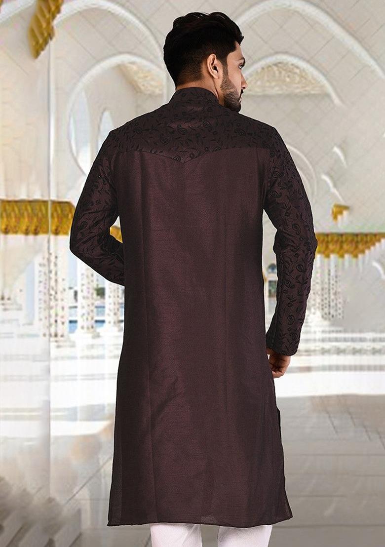 Wine Silk Kurta For Men - Indya