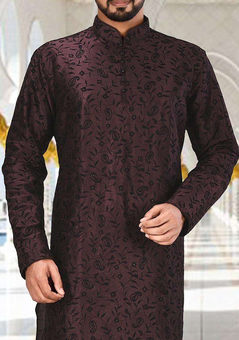 Wine Silk Kurta For Men - Indya