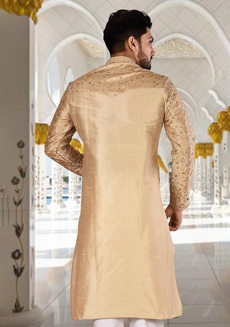 Dark Beige Silk Kurta For Men - Indya