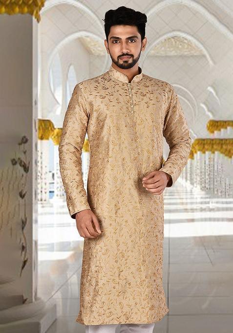 Dark Beige Silk Kurta For Men